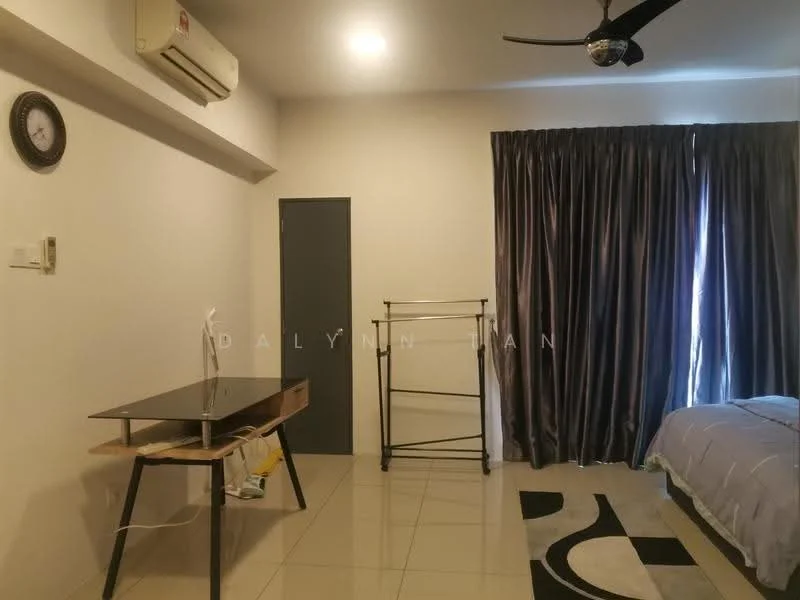 Room features: white painted walls, glossy tile flooring, 5-blade ceiling fan, wall-mounted air conditioning unit, black-out curtains, desk with wooden legs, clothes rack, bed with grey bedding, area rug with geometric pattern, wall clock; style: modern.