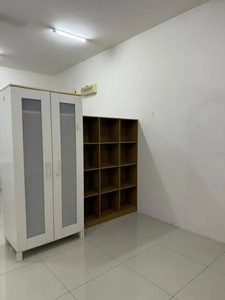 Room features: white painted walls, glossy tile flooring, built-in wardrobe with glass doors, open shelving unit with cubbies, 1 wall-mounted split AC.