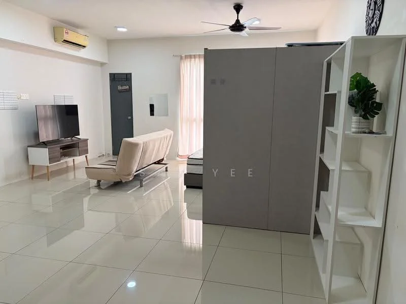 Living features: cream painted walls, glossy white tile flooring, 5-blade ceiling fan with light, wall-mounted TV, light wood TV console, beige fabric sofa bed, white shelving unit, large window with sheer curtains, air conditioning unit; style: modern.