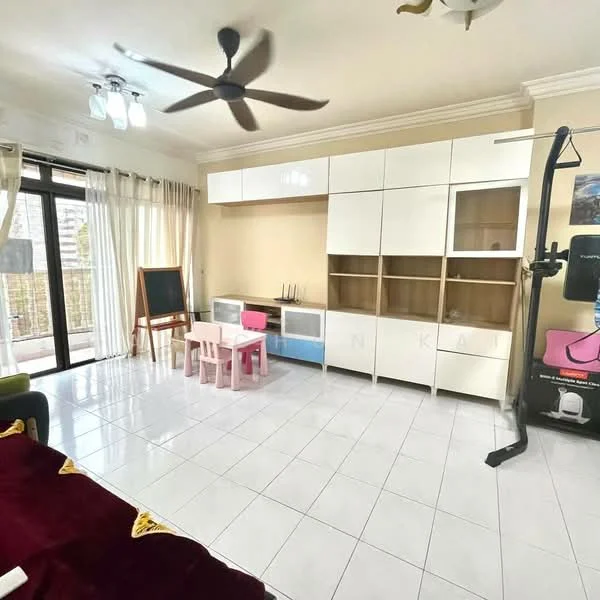 Living features: white tiled flooring, cream painted walls, 5-blade ceiling fan with light, floor-to-ceiling windows, sliding glass door, sheer curtains, white cabinetry with open shelving, pink and blue children's table and chairs, black chalkboard, exercise equipment, sofa with red upholstery, decorative wall art; style: modern; view: city.