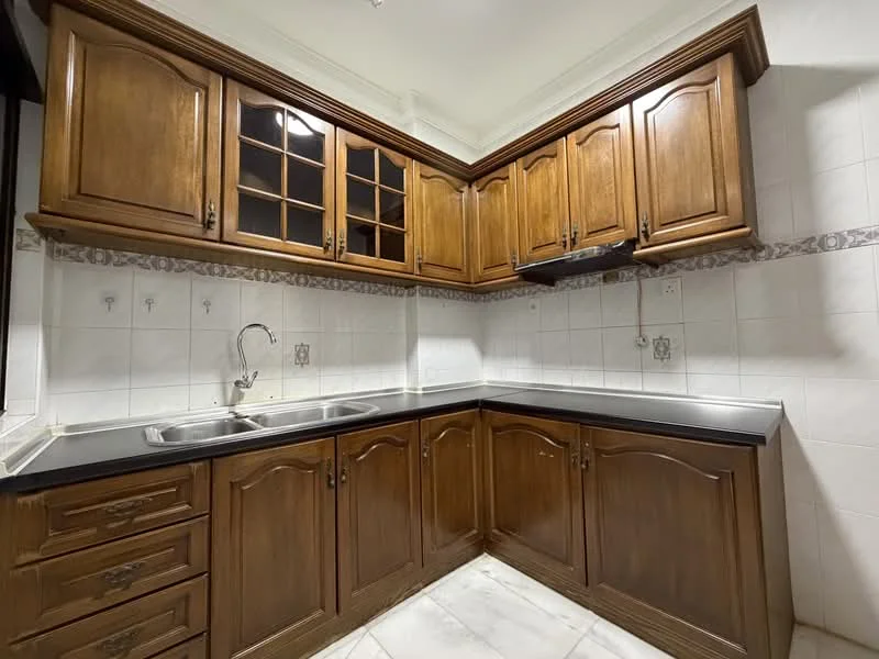 Kitchen features: brown wooden cabinetry, glass-front upper cabinets, double-bowl stainless-steel sink, chrome pull-down faucet, black countertop, white tiled backsplash, white tiled walls, marble tile flooring, built-in range hood, under-cabinet lighting; style: traditional.