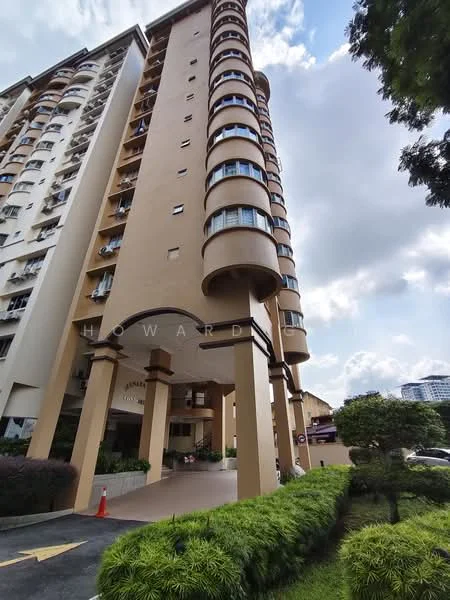 Exterior type: mid-rise condominium; features: cream painted facade, recessed balconies, round windows, arched entrance, landscaped garden with manicured lawn, paved driveway, multiple storeys, visible parking area; style: modern.