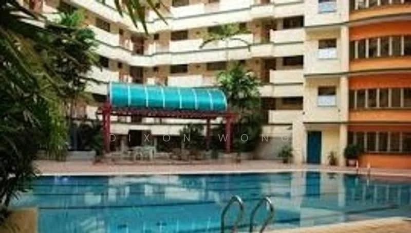 Exterior type: mid-rise condominium; features: swimming pool, pool deck with loungers, landscaped garden, covered seating area, palm trees, multiple storeys, balconies on upper floors, glass canopy over seating area; style: modern.