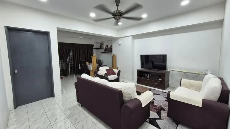 Living features: 3-seater fabric sofa in dark purple, 2-seater fabric sofa in cream, coffee table, TV console, wall-mounted TV, area rug with geometric pattern, ceiling fan with light, recessed downlights, white painted walls, tile flooring, decorative shelving unit, curtains; style: modern.