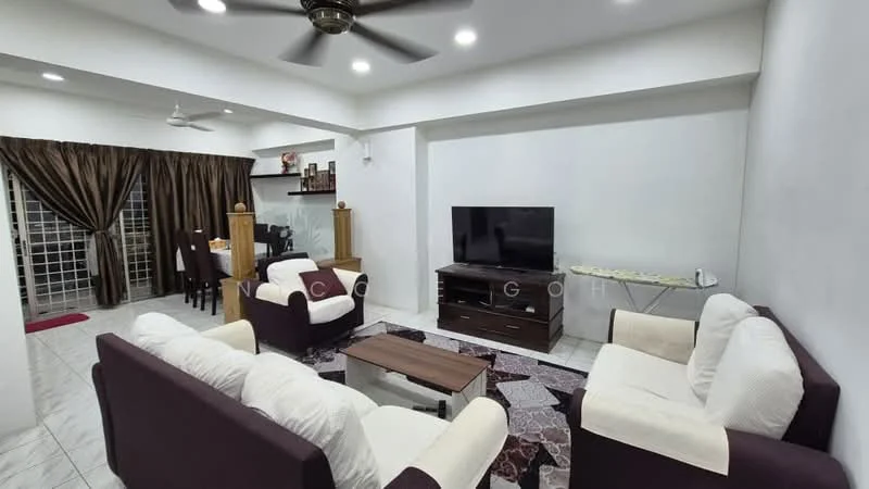 Living features: 3-seater fabric sofa in cream, 2-seater fabric sofa in dark brown, wooden coffee table, TV console in dark wood, wall-mounted TV, area rug with geometric pattern, ceiling fan, recessed lighting, white painted walls, tile flooring, curtains in dark brown, decorative wall shelf; style: modern. Dining features: dining table for 4, wooden dining chairs, white painted walls, tile flooring, ceiling fan, recessed lighting; style: modern.