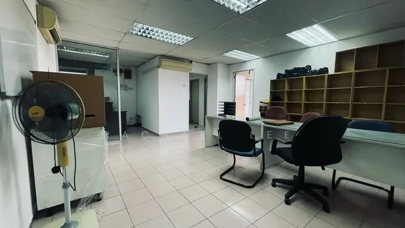 Room features: white painted walls, tile flooring, fluorescent ceiling lights, 1 wall-mounted split AC, 1 ceiling fan, wooden shelving unit, 2 office chairs, 2 desks, open layout; style: modern.
