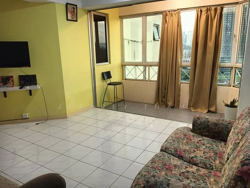 Living features: white tiled flooring, yellow painted walls, floor-to-ceiling windows, curtains in beige, 3-seater fabric sofa with floral pattern, wall-mounted TV, small black bar stool, decorative plant in ceramic pot; style: modern; view: city.