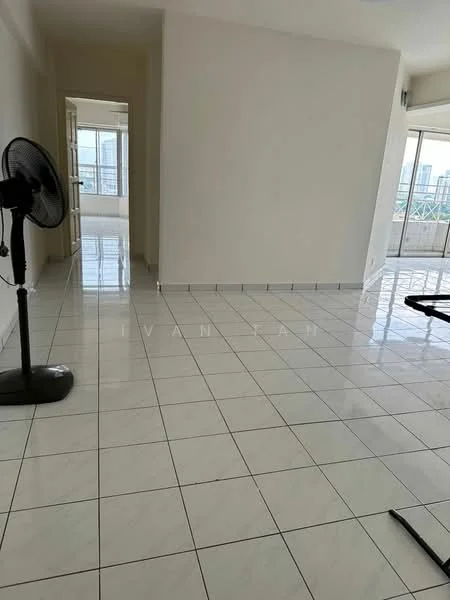 Room features: white painted walls, glossy white tile flooring, floor-to-ceiling windows, ceiling fan, open layout, natural light, neutral color scheme, sliding glass door; style: modern; view: city.