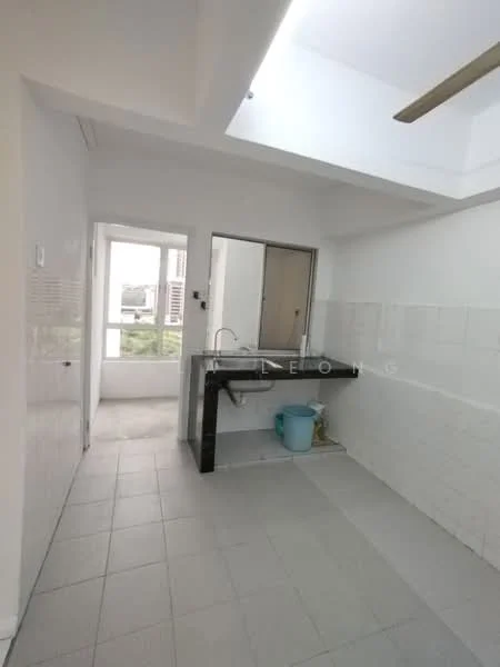 Room features: white painted walls, grey tiled flooring, skylight, black countertop, single basin sink, window with view, open layout, ceiling fan; style: modern; view: city.