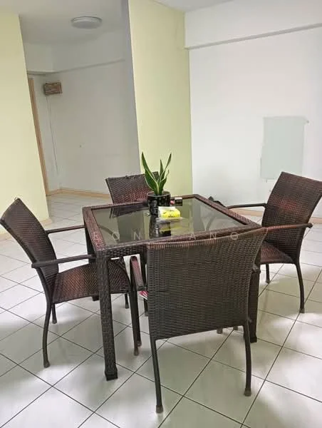 Dining features: glass-top dining table, 4 wicker dining chairs, tile flooring, light yellow painted walls, indirect ceiling lighting, decorative plant on table; style: modern.