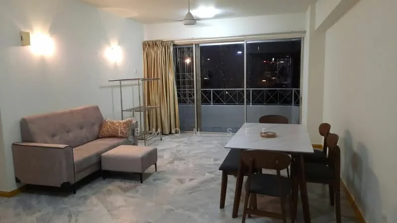 Living features: 3-seater fabric sofa in light grey, ottoman, dining table with 4 chairs, floor-to-ceiling windows, curtains, ceiling fan, marble flooring, wall-mounted light fixtures; style: modern; view: city.