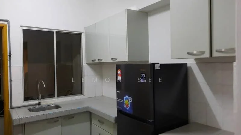 Kitchen features: single-bowl stainless-steel sink, chrome pull-down faucet, grey laminate countertop, light grey cabinetry, built-in fridge, white tiled backsplash, window with grid design, grey tiled flooring; style: modern.