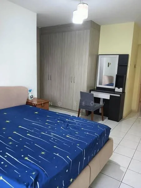 Bedroom features: queen-size bed with beige upholstered headboard, blue bedspread with star pattern, built-in wardrobe with grey finish, dressing table with mirror and storage, wooden chair, white tiled flooring, ceiling light fixture, yellow painted accent wall; style: modern.