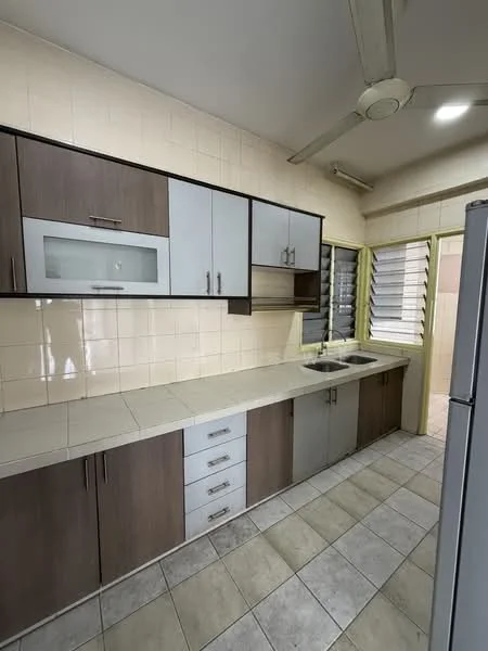 Kitchen features: laminate cabinetry in brown and white, grey countertop, double-bowl stainless-steel sink, chrome pull-down faucet, built-in upper cabinets with glass panels, lower cabinets with handles, tile backsplash, ceramic tile flooring, ceiling fan, window with louvered shutters, open layout to adjacent room; style: modern.