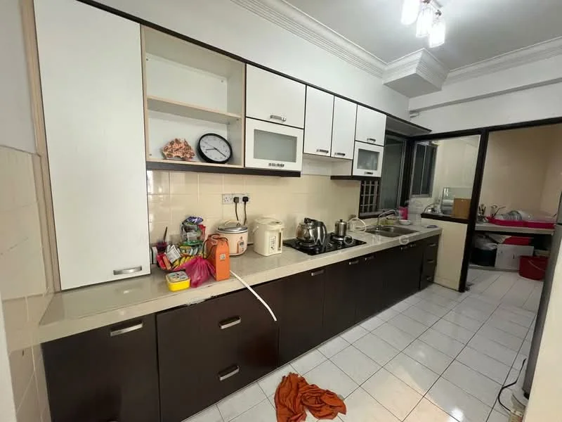 Kitchen features: white upper cabinets, brown lower cabinets, light-colored countertop, ceramic tile flooring, wall-mounted clock, built-in sink, stainless-steel kettle, stainless-steel pots, microwave, electric stove, various kitchen utensils, window with glass panes, recessed ceiling lights; style: modern.
