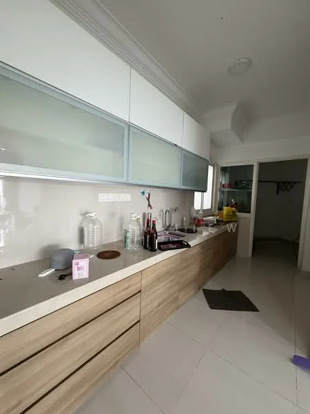 Kitchen features: white upper cabinets with glass panels, wooden lower cabinets, marble countertop, stainless-steel sink, chrome pull-down faucet, built-in oven, glass backsplash, tile flooring, recessed downlights, open shelving, kitchen utensils, bottles and containers on countertop; style: modern.