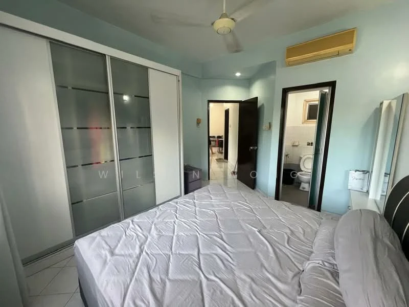 Bedroom features: queen-size bed, upholstered headboard, built-in wardrobe with sliding doors, white walls, ceiling fan, tile flooring, window with blinds, mirror on wall, air conditioning unit; style: modern. Room features: bathroom door, toilet visible through door.