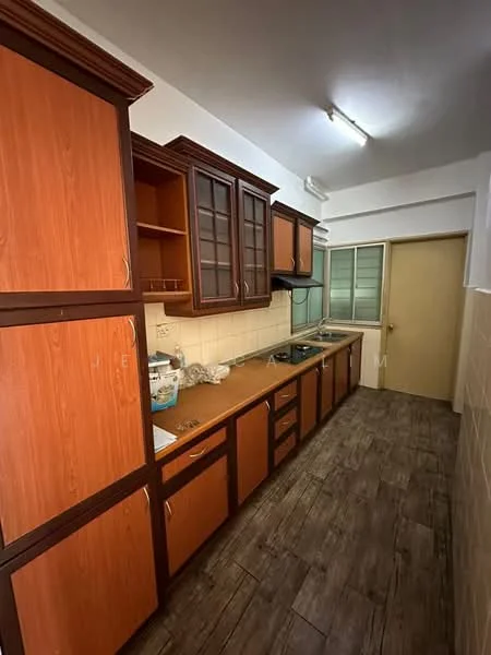 Kitchen features: wood cabinetry with glass-front upper cabinets, laminate countertop, built-in gas hob, exhaust hood, double-bowl stainless-steel sink, tile backsplash, ceramic tile flooring, wall-mounted storage shelves, refrigerator space, window with frosted glass, light fixture on ceiling; style: modern.