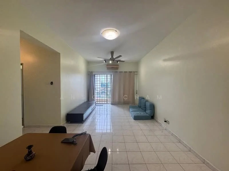 Living features: white painted walls, ceramic tile flooring, 5-blade ceiling fan with light, floor-to-ceiling windows, sliding glass door, curtains, sofa in light blue, coffee table, dining table with chairs, air conditioning unit; style: modern; view: city.