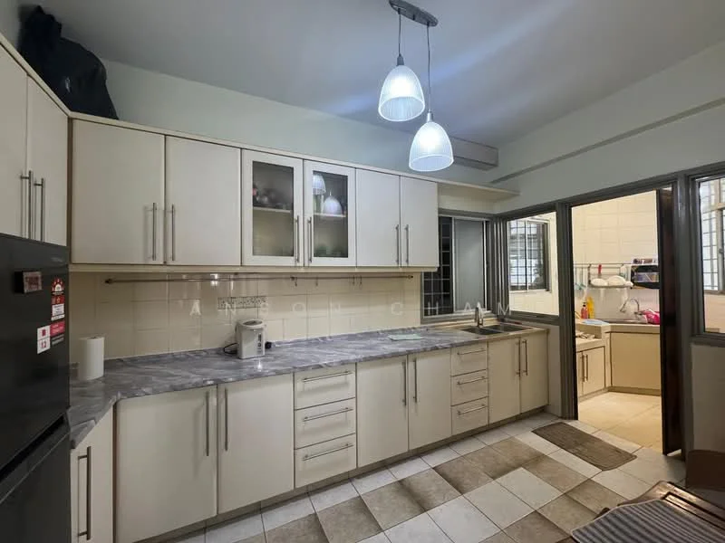 Kitchen features: light grey marble countertop, cream cabinetry with flat-panel doors, stainless-steel sink, chrome pull-down faucet, built-in oven, freestanding range oven, refrigerator, tile backsplash, pendant lighting, floor tiles in beige and cream, window with metal grille, open shelving, kitchen island with seating; style: modern.
