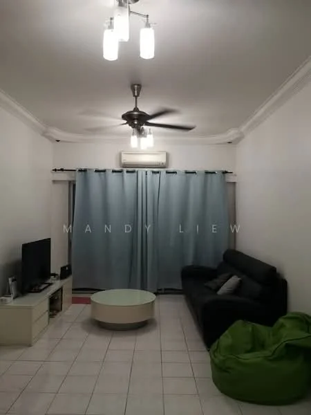 Living features: 3-seater black leather sofa, green bean bag, round coffee table, wall-mounted TV, white TV console, floor-to-ceiling windows with sheer curtains, white tiled flooring, ceiling fan with light, recessed downlights, crown moulding; style: modern.