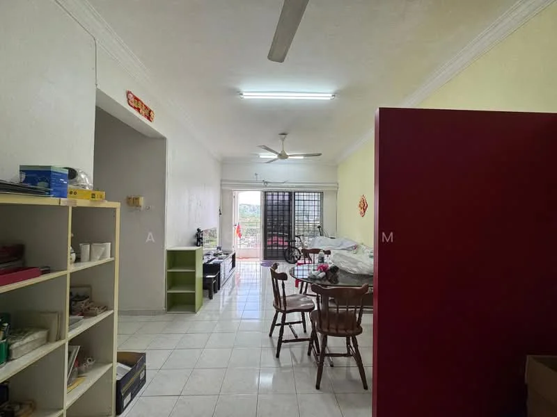 Living features: white painted walls, tiled flooring, 5-blade ceiling fan, dining table with chairs, green shelving unit, bicycle visible, large window with view, decorative wall art. Room features: white painted walls, tiled flooring, shelving unit, storage boxes.