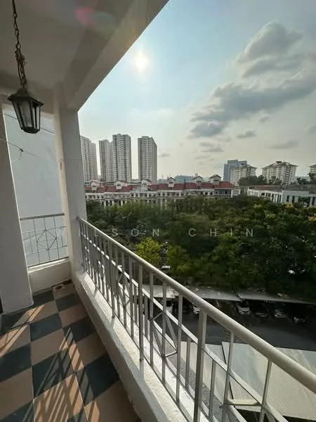 Room features: balcony with railing, checkered floor tiles in beige and black, outdoor view of city skyline, sunlight streaming in, overhead pendant light; view: city.