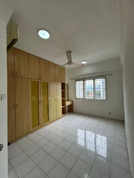 Bedroom features: white painted walls, glazed tile flooring, ceiling fan, built-in wardrobe with wooden doors, study desk, window with grid pattern, natural light from window, neutral color scheme; style: modern.
