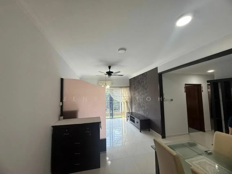 Living features: white painted walls, glossy tile flooring, 5-blade ceiling fan with light, large sliding glass door, curtains, TV console, wall-mounted TV, dining table, black accent wall, built-in cabinets; style: modern; view: city.