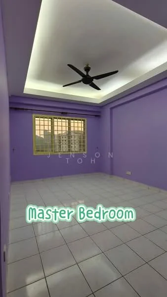 Bedroom features: purple painted walls, white ceiling with recessed lighting, ceiling fan, white tiled flooring, large windows with grid pattern, no visible furniture, empty space.
