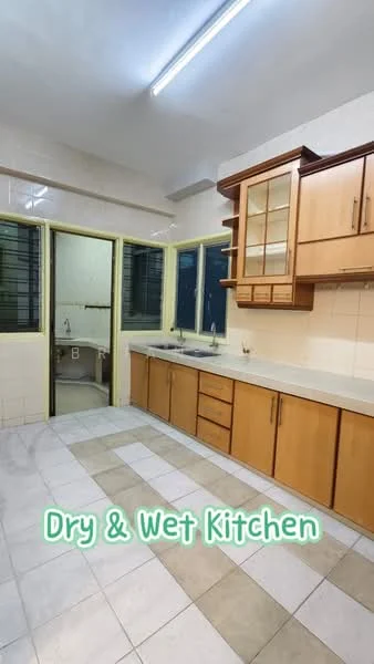 Kitchen features: laminate cabinetry in light wood finish, white tiled backsplash, double-bowl stainless-steel sink, chrome pull-down faucet, countertop in white, built-in oven, freestanding range oven, ceramic tile flooring, window with metal grilles, door leading to wet kitchen area, overhead cabinets with glass fronts, under-cabinet lighting; style: modern. Wet kitchen features: white tiled walls, ceramic tile flooring, single-bowl stainless-steel sink, chrome faucet, window with metal grilles.