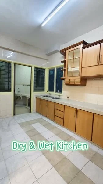 Kitchen features: white tiled walls, cream cabinetry, laminate countertop, double-bowl stainless-steel sink, chrome pull-down faucet, built-in upper cabinets with glass fronts, open shelving, ceramic tile flooring, window with metal grilles, door leading to wet kitchen, recessed ceiling lights; style: modern. Wet kitchen features: white tiled walls, ceramic tile flooring, single-bowl stainless-steel sink, built-in cabinetry, window with metal grilles; style: modern.