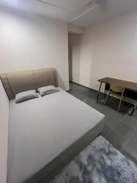 Bedroom features: queen-size bed with upholstered headboard, grey bedding, two grey pillows, wooden study desk, single chair, light grey area rug, grey tiled flooring, plain white walls, ceiling fan; style: minimalist.
