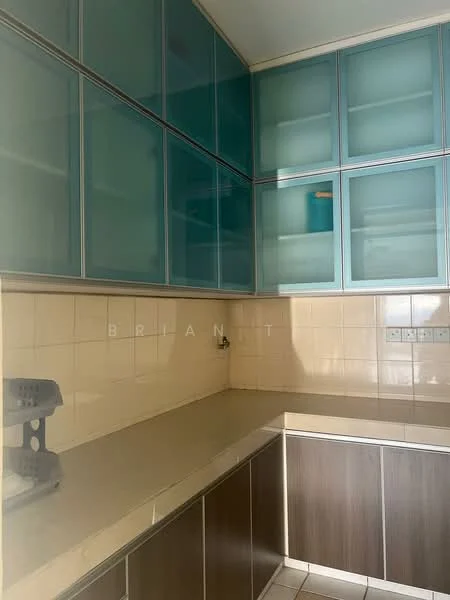 Kitchen features: light blue glass upper cabinets, brown lower cabinetry, beige countertop, tile backsplash, stainless-steel sink, single faucet, white tiled flooring, built-in appliances, under-cabinet lighting; style: modern.