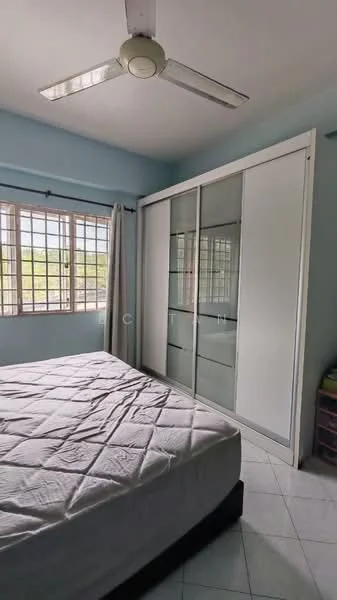 Bedroom features: queen-size bed, built-in wardrobe with glass doors, white walls, ceiling fan, tile flooring, window with grid pattern, curtains, light-colored bedding.