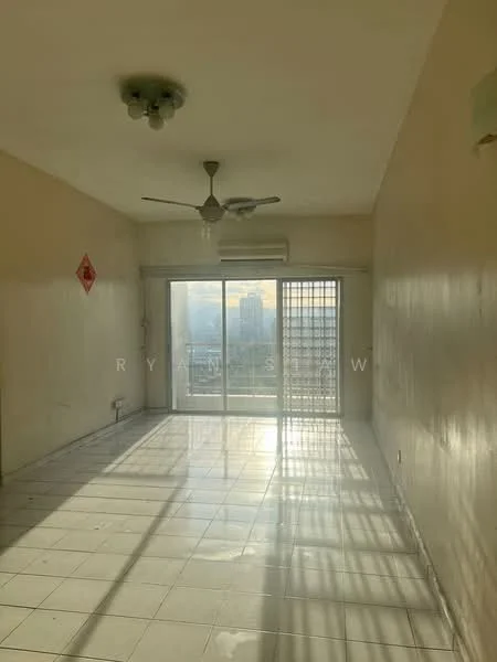 Living features: white painted walls, glossy tile flooring, 5-blade ceiling fan, sliding glass door, floor-to-ceiling windows, natural light from windows, curtains, city view; view: city.