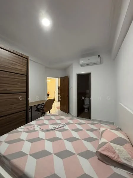 Bedroom features: queen-size bed with patterned bedding, wooden wardrobe with sliding doors, study desk with chair, wall-mounted split AC unit, white painted walls, tile flooring, door leading to bathroom, door leading to hallway, recessed ceiling lights; style: modern.