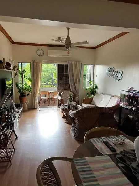 Living features: wooden flooring, cream painted walls, tray ceiling, 5-blade ceiling fan, floor-to-ceiling windows, sheer curtains, greenery view, sofa with cushions, coffee table, TV console, decorative plants, wall-mounted TV, decorative mirror; style: contemporary; view: garden. Balcony features: balcony with railing, greenery view; view: garden.