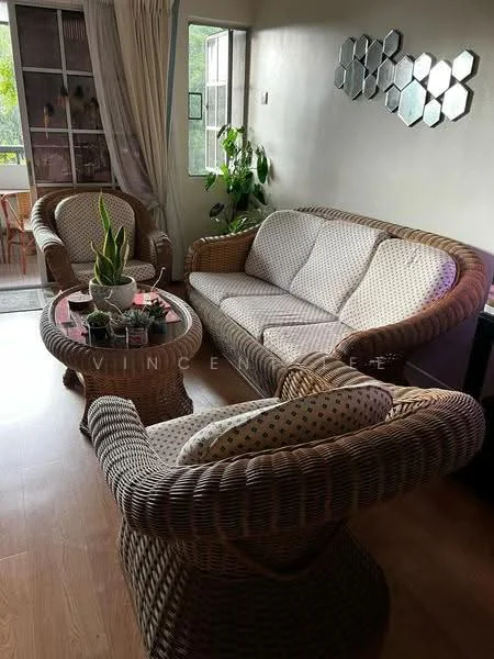 Living features: 3-seater rattan sofa, 2 rattan armchairs, glass coffee table, decorative potted plants, wall-mounted mirror decor, curtains, wooden flooring, natural light from windows; style: contemporary.