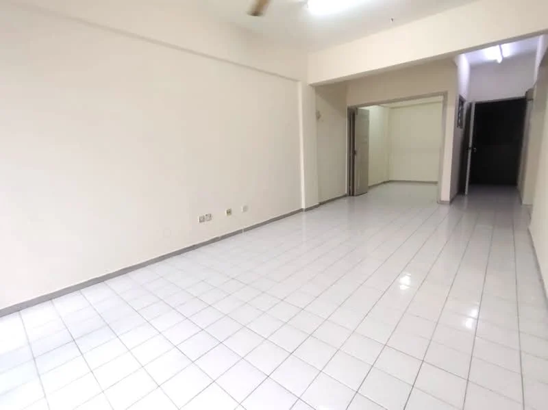 Room features: white painted walls, glossy white tile flooring, ceiling light fixture, open layout, no visible furniture, neutral color scheme, corner entryway, doorway leading to another room; style: minimalist.