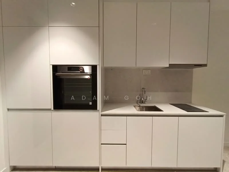 Kitchen features: white cabinetry, built-in oven, stainless-steel sink, chrome pull-down faucet, induction cooktop, white countertop, grey backsplash, drawer storage, wall-mounted cabinets; style: modern.