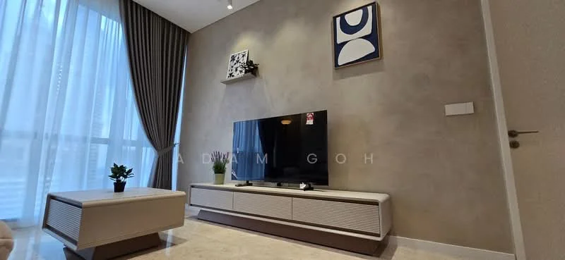Living features: light grey accent wall, cream-colored wall-mounted TV console, black flat-screen TV, decorative artwork on wall, potted plant on TV console, large floor-to-ceiling windows with sheer curtains, marble tile flooring, recessed ceiling lights, beige sofa, decorative wall shelf; style: modern; view: city.