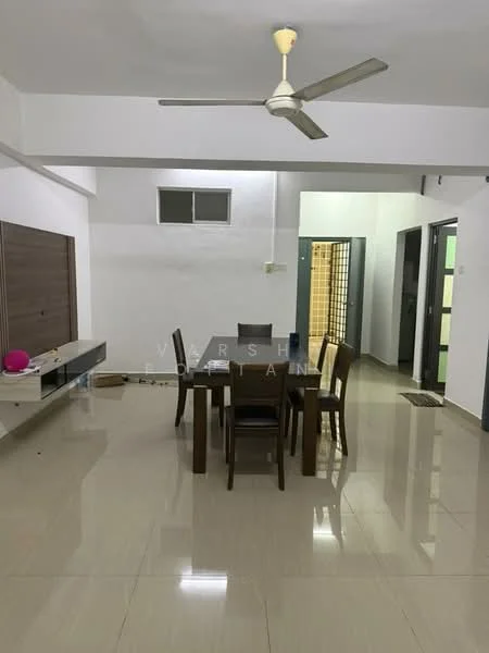 Dining features: dining table with 6 chairs, ceiling fan, wall-mounted wooden panel, glossy tile flooring, white painted walls, windows with natural light, open layout, neutral color scheme; style: modern. Living features: open space, glossy tile flooring, white painted walls, natural light from windows, ceiling fan; style: modern.