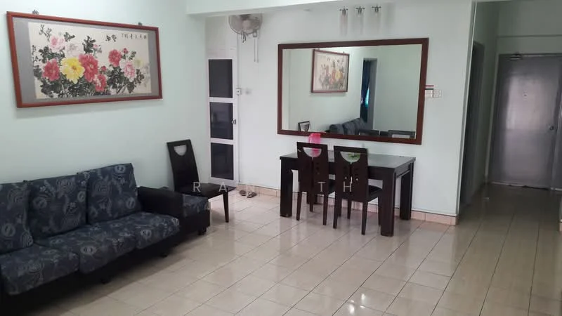 Living features: 3-seater fabric sofa in dark blue, coffee table, dining table for 4 with black chairs, framed floral artwork on wall, large mirror on wall, tile flooring, white painted walls, ceiling fan, window with curtain, air conditioning unit; style: modern.