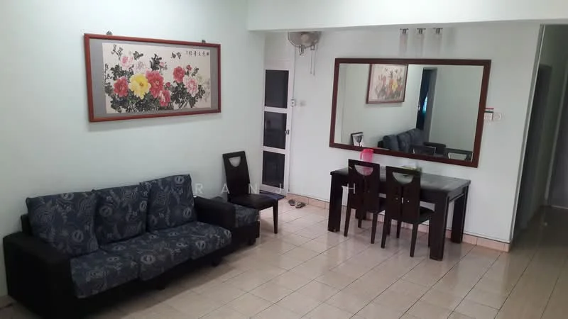 Living features: 3-seater fabric sofa in dark blue, wooden coffee table, dining table for 4 with black chairs, framed floral artwork on wall, large wall mirror, tile flooring, light green painted walls, ceiling light fixture, air conditioning unit on wall; style: modern.