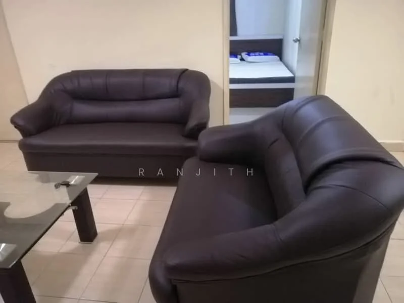 Living features: 2-seater leather sofa in dark brown, 3-seater leather sofa in dark brown, glass coffee table, tiled flooring, neutral wall color, doorway leading to another room; style: modern.