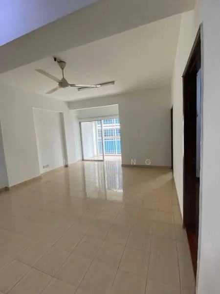 Living features: white painted walls, glossy ceramic tile flooring, 5-blade ceiling fan, sliding glass door, floor-to-ceiling windows, natural light from windows, neutral color scheme, open layout; style: modern; view: city.
