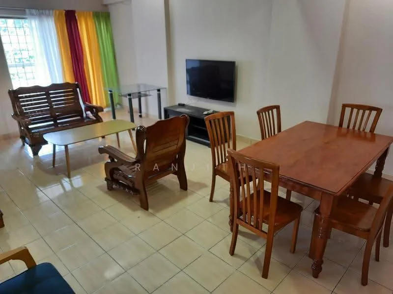 Living features: cream painted walls, glossy tile flooring, large windows with sheer curtains, wooden coffee table, wooden dining table with six chairs, two wooden armchairs, TV console with flat-screen TV, glass side table, colorful curtain panels (red, yellow, green), wall-mounted TV; style: modern.