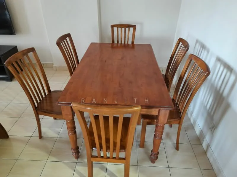 Dining features: wooden dining table, 6-seater dining table, wooden dining chairs, square table shape, light brown wood finish, tiled flooring, neutral wall color, natural light from window; style: modern.