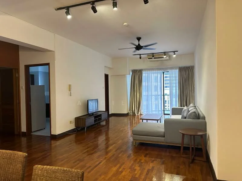 Living features: wooden flooring, 5-blade ceiling fan with light, recessed LED downlights, sofa in light grey, coffee table, TV console, wall-mounted TV, floor-to-ceiling windows, sheer curtains, area rug, decorative wall art; style: modern; view: city.